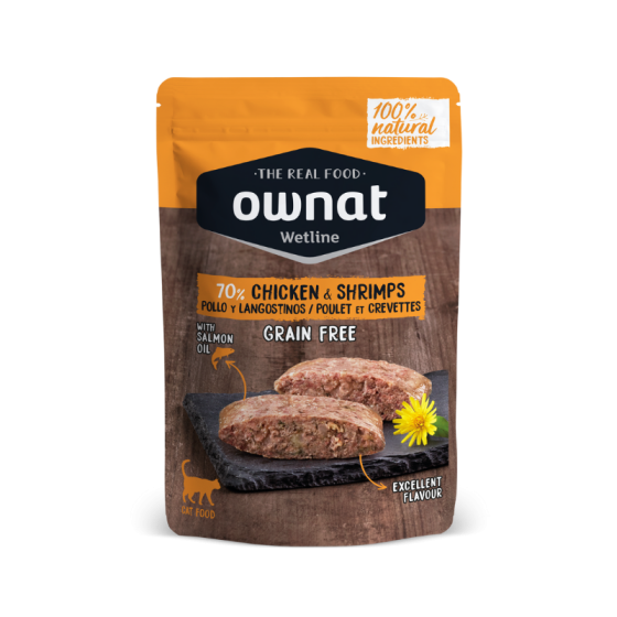 OWNAT WETLINE Chicken & Shrimps (CAT)  85g BANDEJA DE 12 UNIDADES