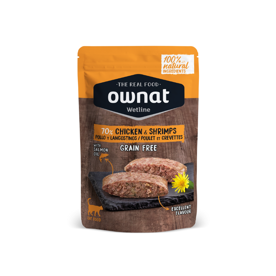 OWNAT WETLINE Chicken & Shrimps (CAT)  85g BANDEJA DE 12 UNIDADES