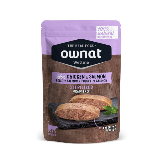 OWNAT WETLINE STERILIZED Chicken & Salmon (CAT)  85g BANDEJA DE 12 UNIDADES