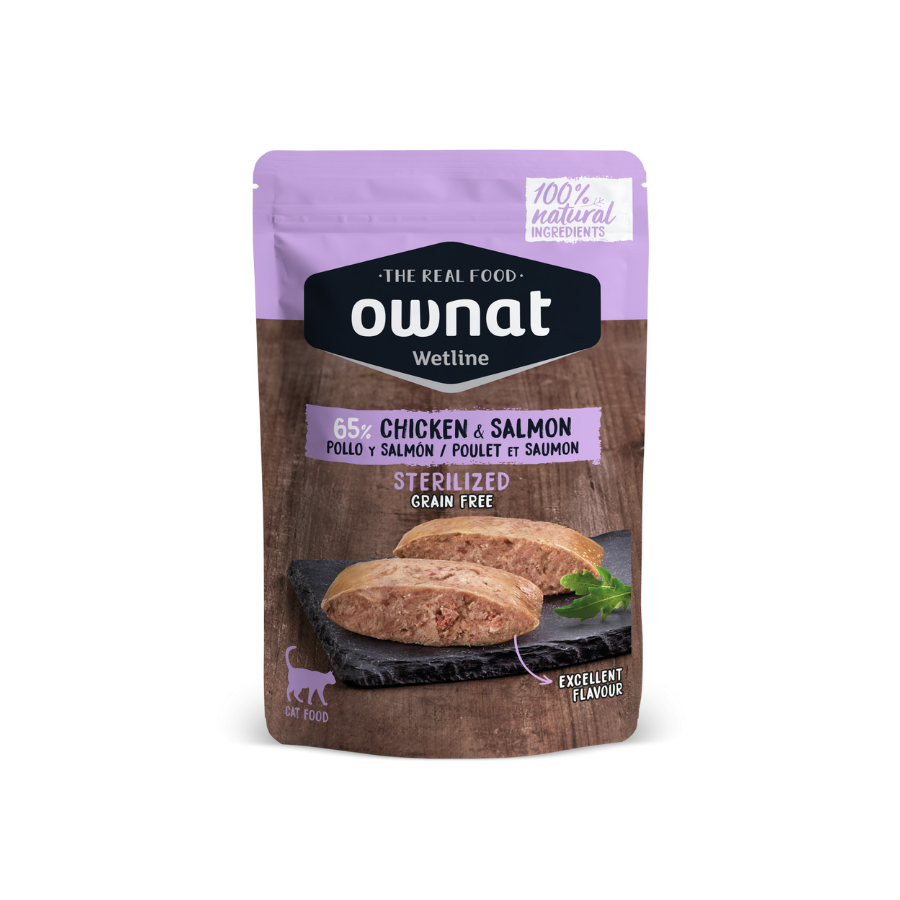 OWNAT WETLINE STERILIZED Chicken & Salmon (CAT)  85g BANDEJA DE 12 UNIDADES