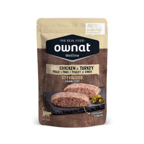 OWNAT WETLINE STERILIZED Chicken & Turkey (CAT)  85g BANDEJA DE 12 UNIDADES