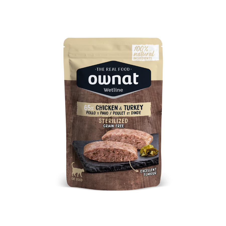 OWNAT WETLINE STERILIZED Chicken & Turkey (CAT)  85g BANDEJA DE 12 UNIDADES