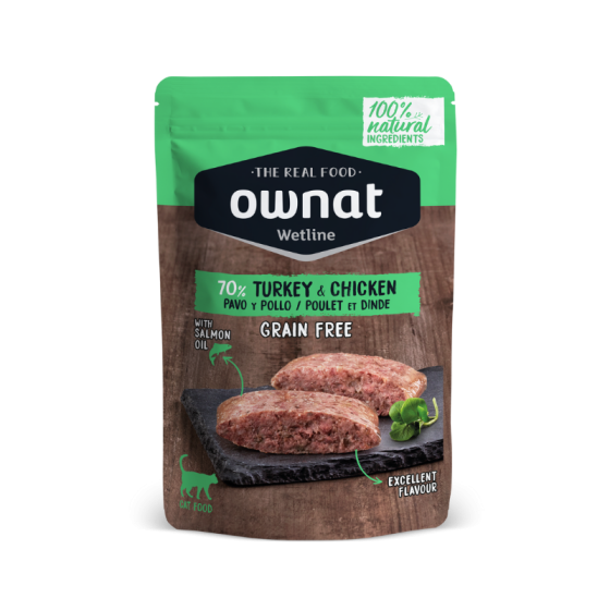 OWNAT WETLINE TURKEY & CHICKEN (CAT)  85g BANDEJA DE 12 UNIDADES